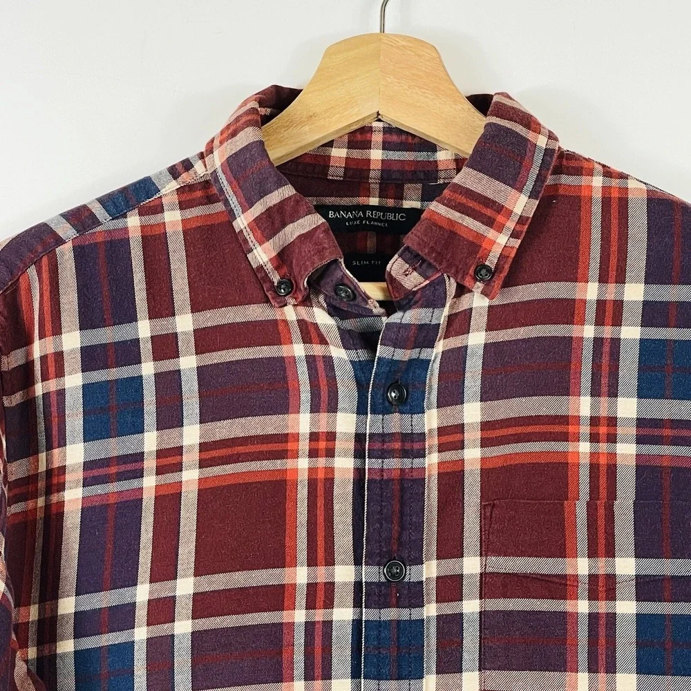 Banana Republic Luxe Mens Medium Slim Shirt Flannel Maroon Plaid Cabin‎ Rugged